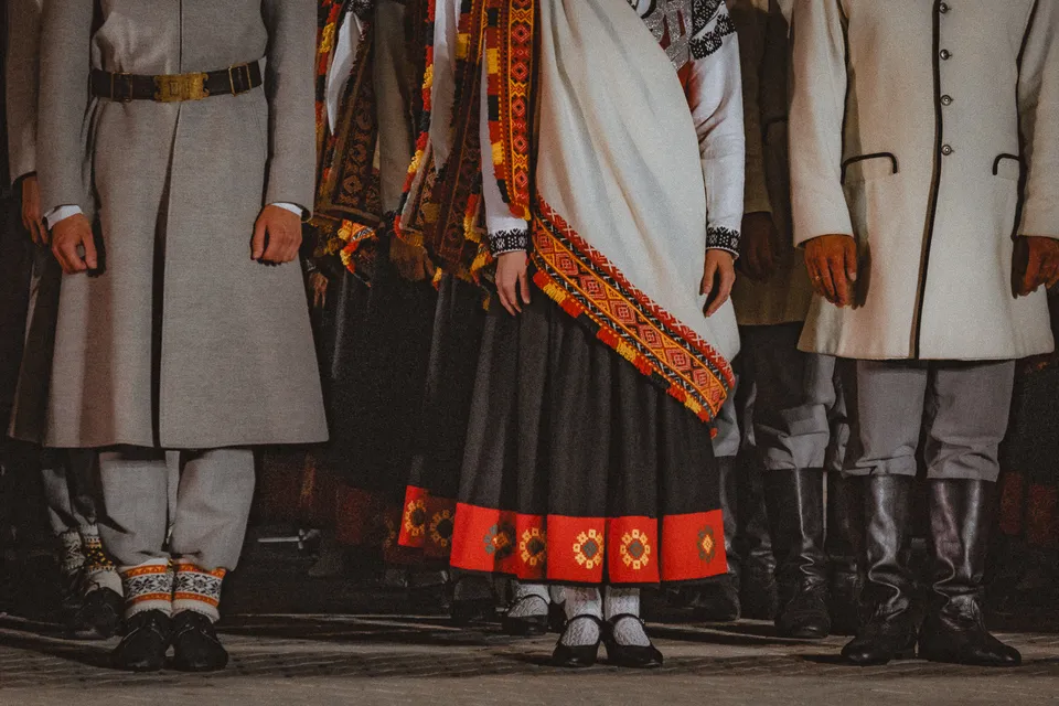 Detail of traditional Latvian embroidered costumes